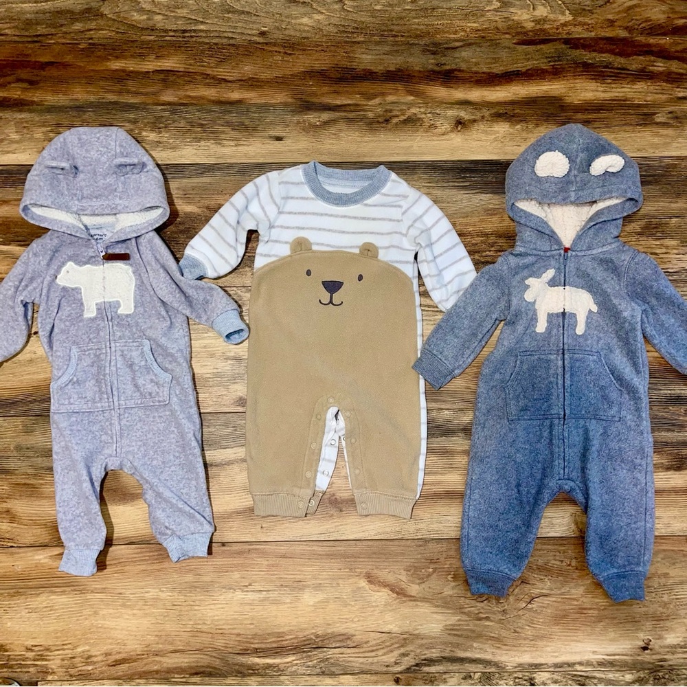lot of 3 baby boy warm cozy bodysuits - size 6 months